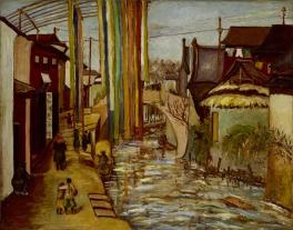 painting of river scene by city with ribbons hanging down