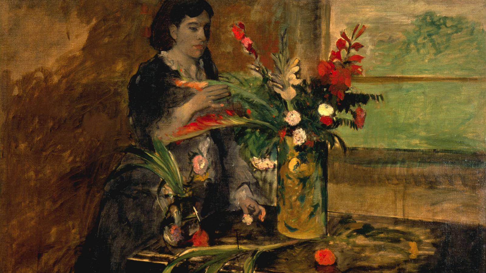Painting of a woman assorting flowers next to a window. 