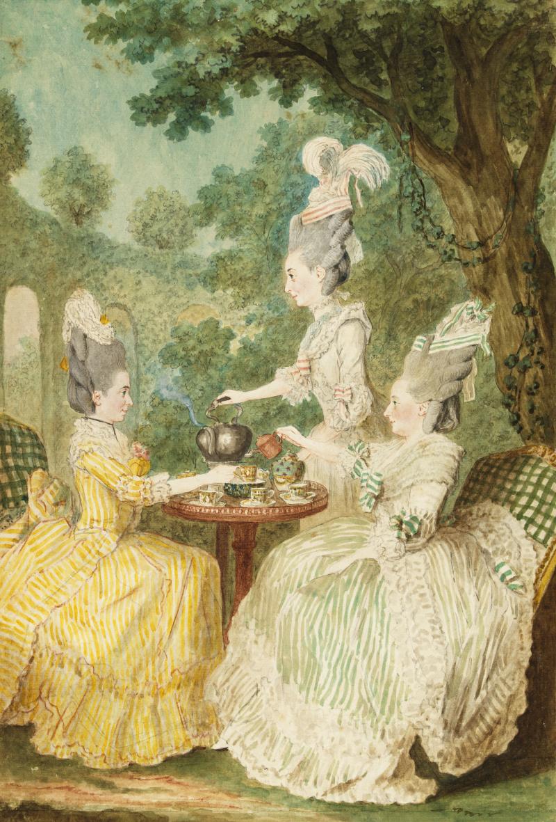 Carmontelle painting of 3 women in ornate dresses with elaborate hairstyles with feathers
