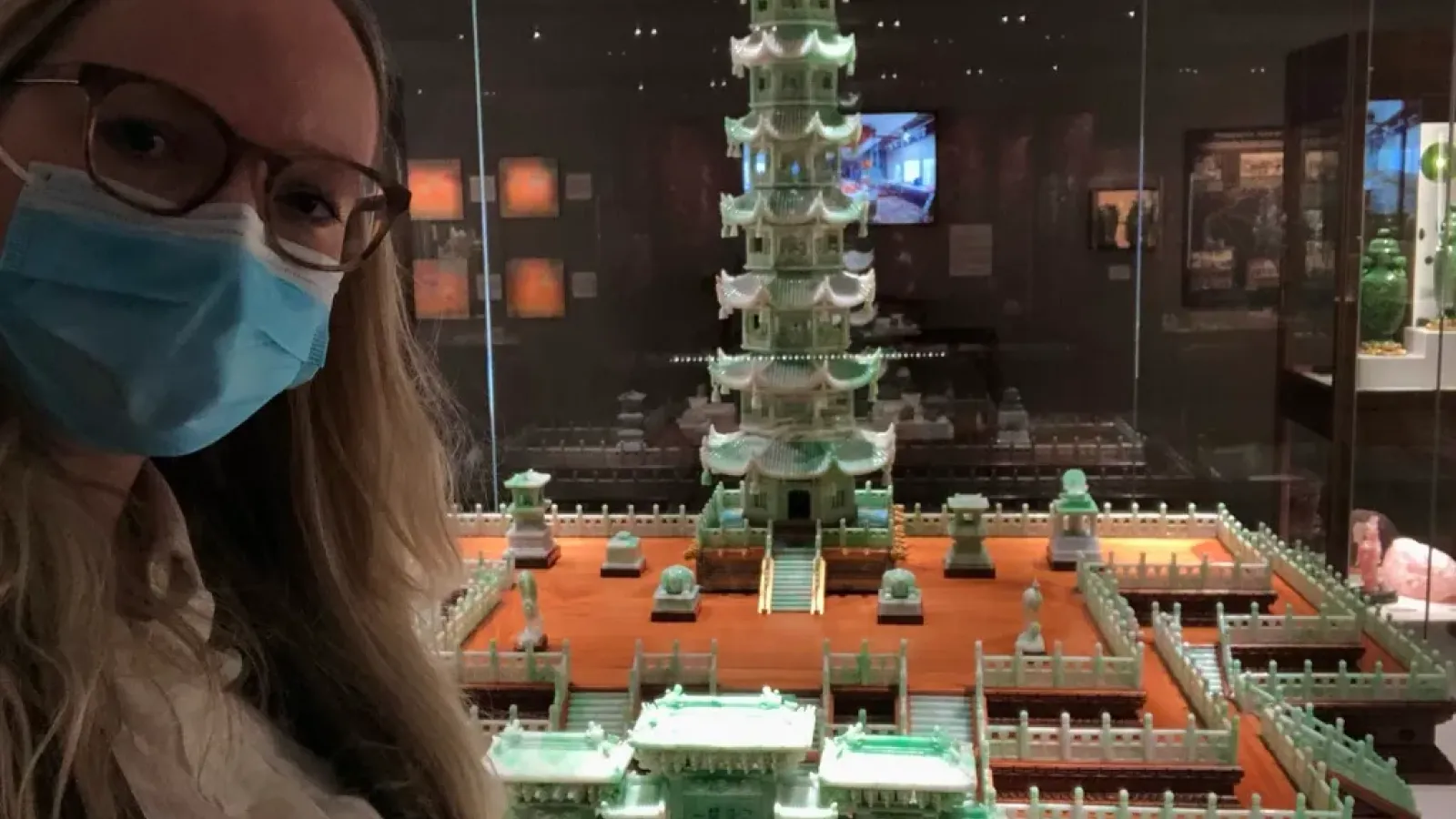 Emma with the Altar of Green Pagoda exhibit