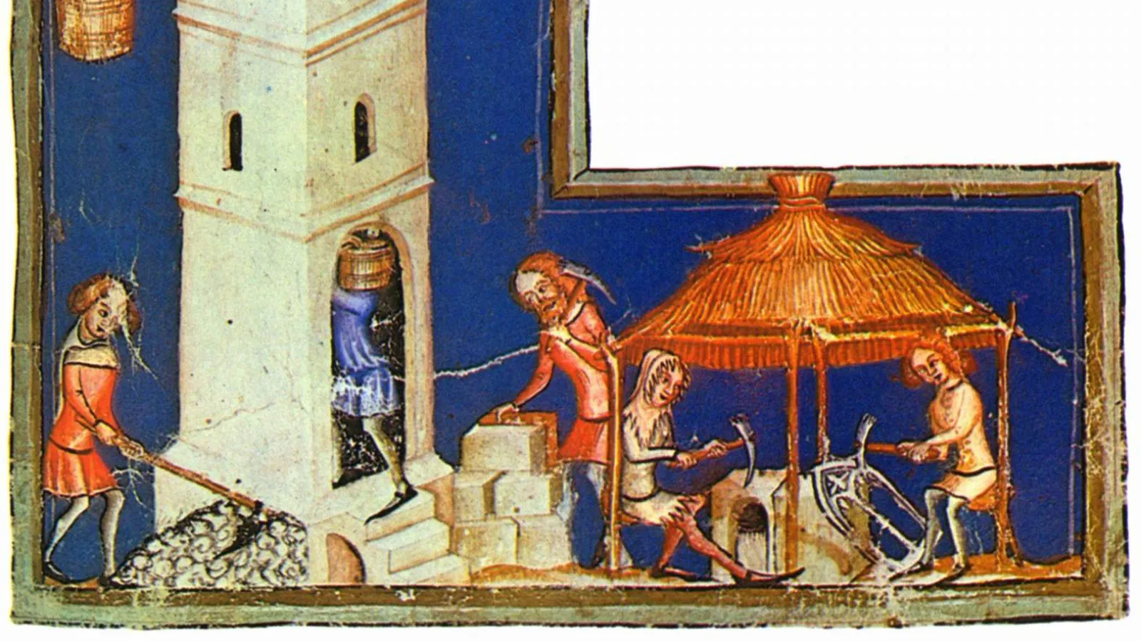 A medieval manuscript with a tower in the process of being built