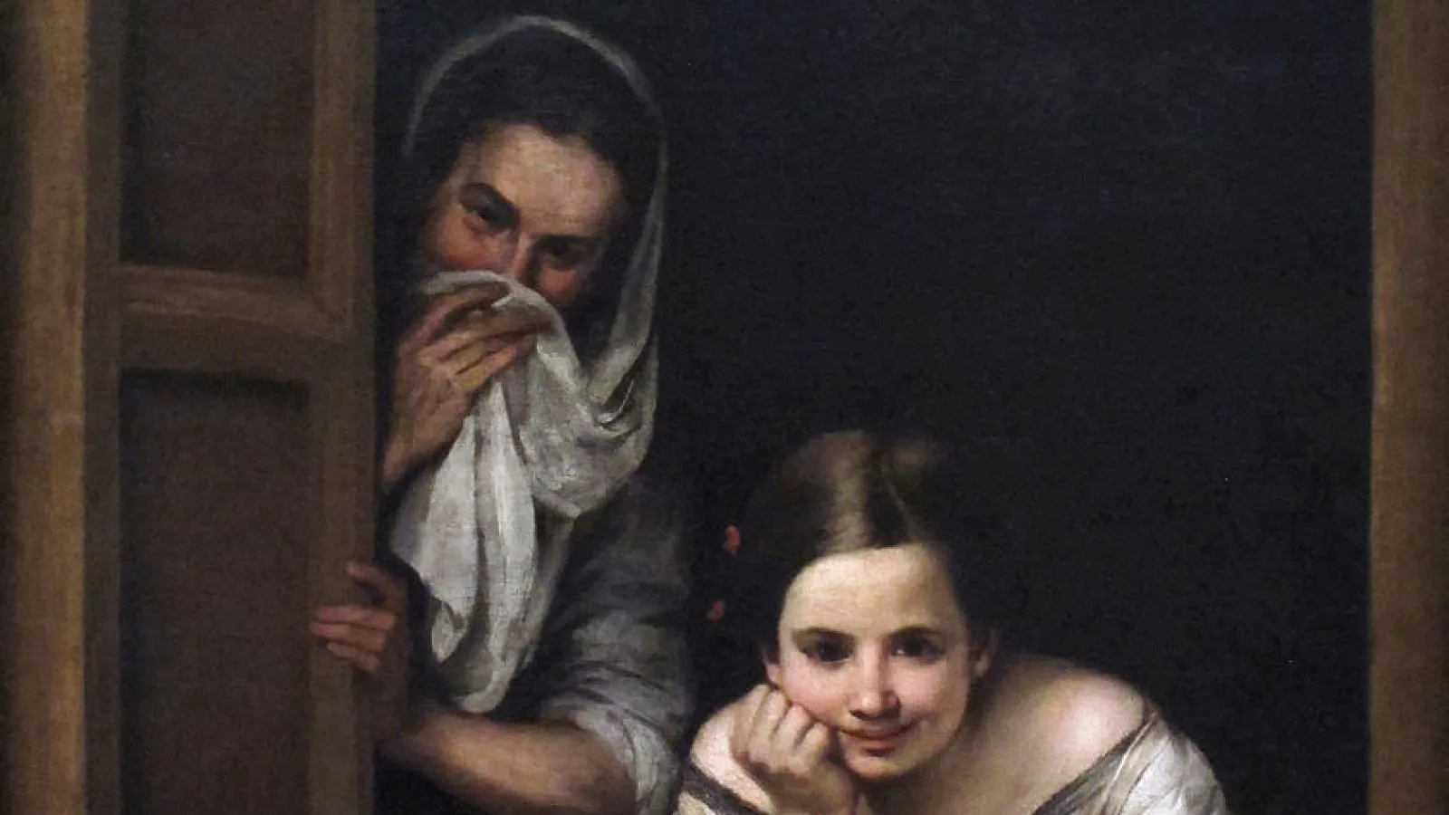 Painting of two women looking out of a window in amusement. 