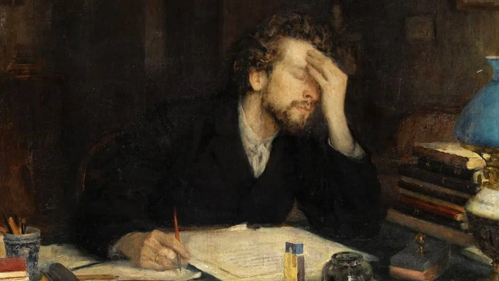 painting of man writing with hand to forehead as if struggling