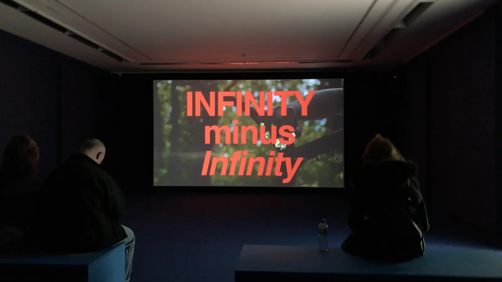 film projection screen that reads "INFINITY minus Infinity"