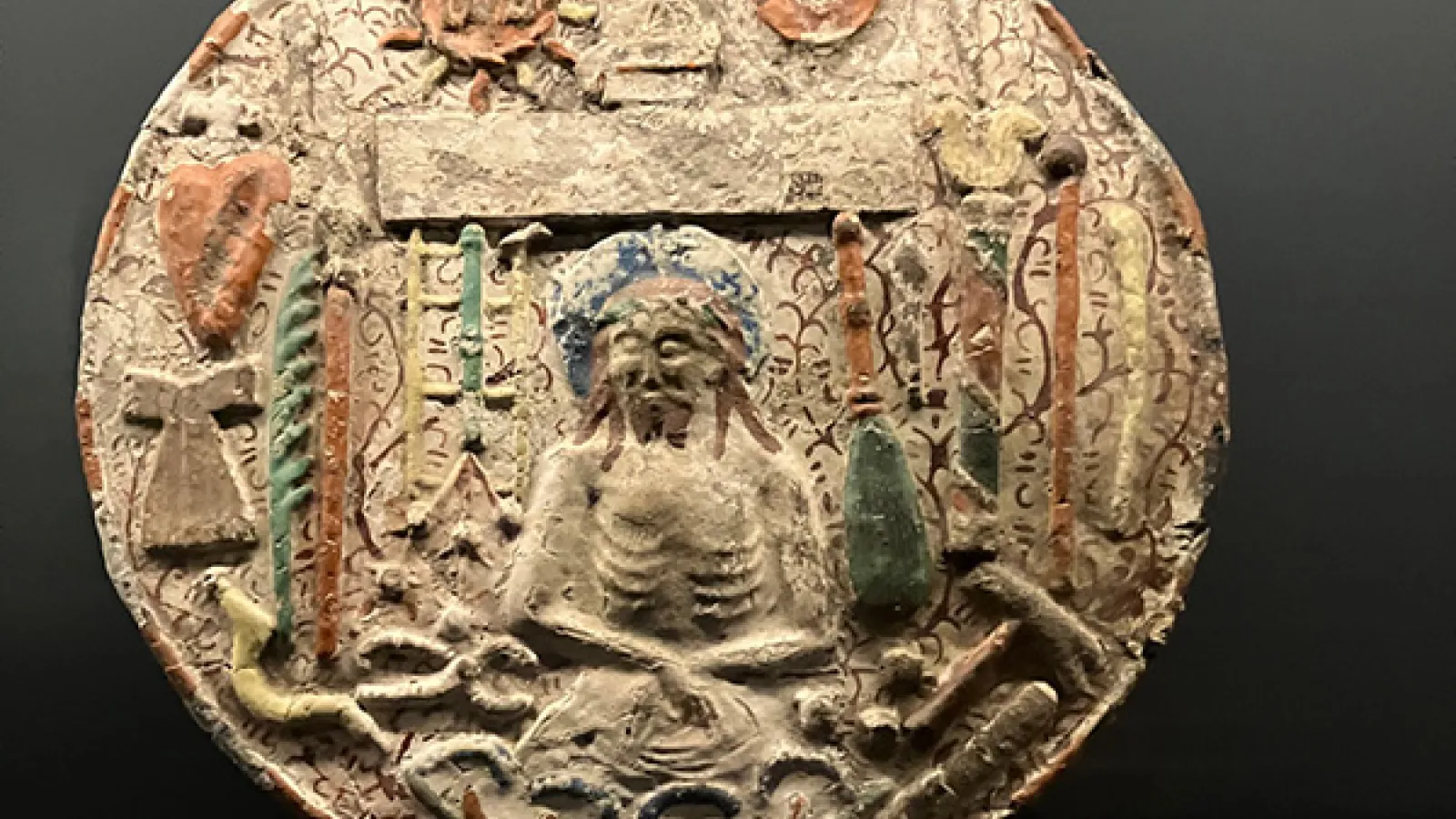 Papier mache devotional image of the Arma Christi