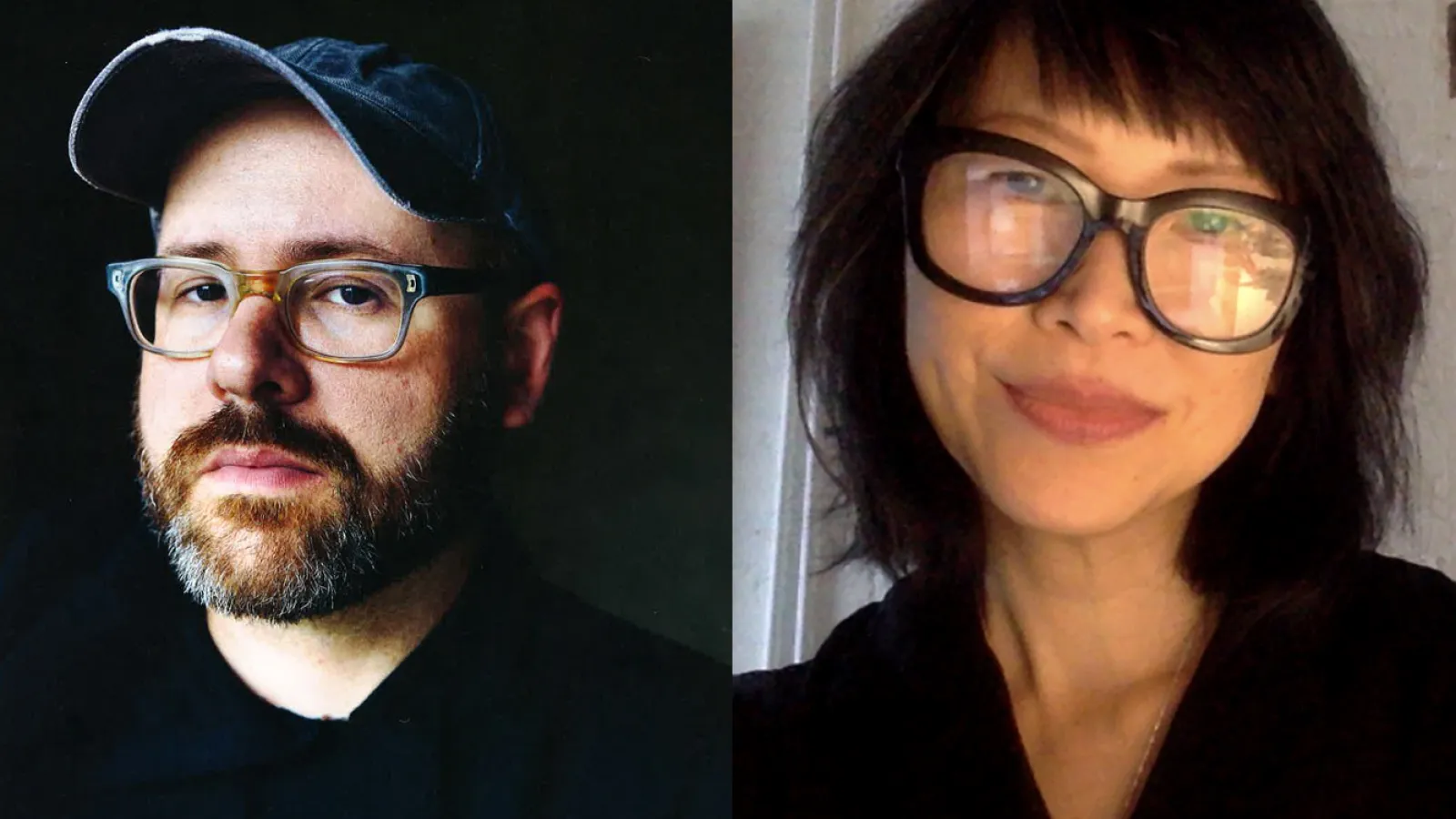 two headshots. left half features figure with baseball hat, glasses and a beard. right features figure with long black hair and thick black glasses.