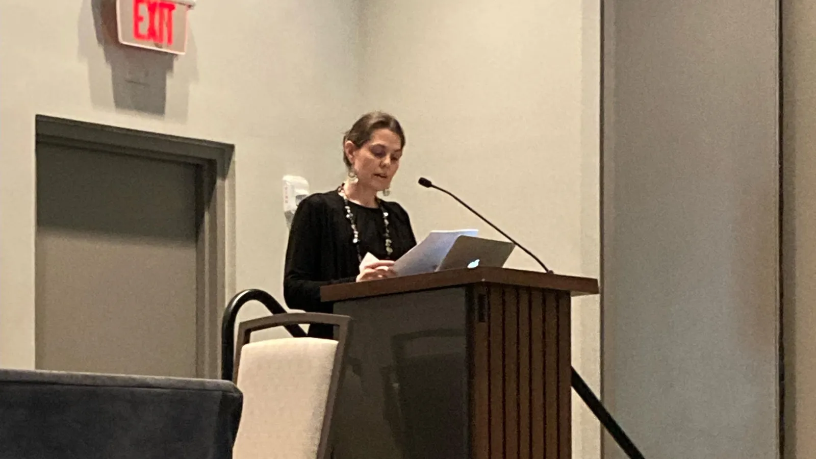 Karin Flora presenting at a podium