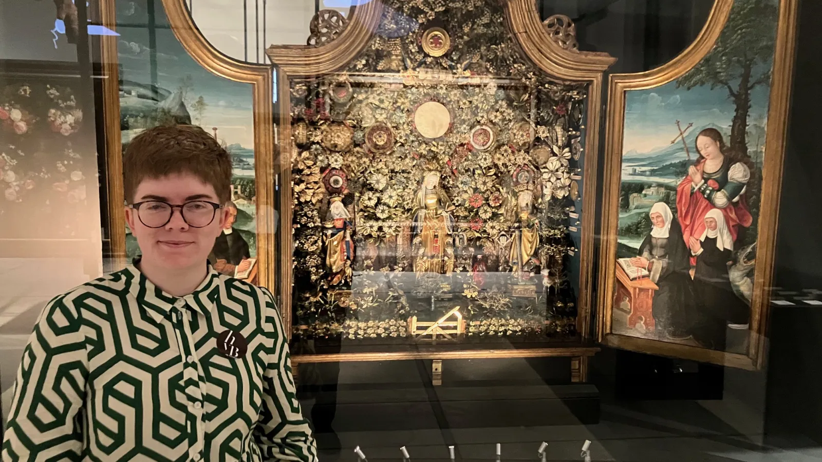 Maggie Wilson with reliquary cabinet in Belgium