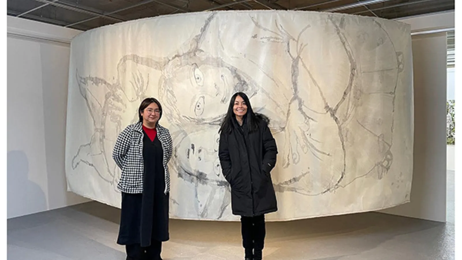 Namiko and artist Goto Yasuka in front of her work, Spica, at the Miyauchi Art Gallery in Hiroshima