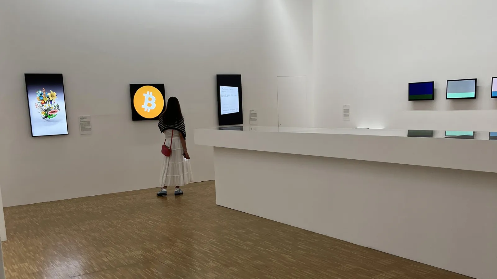 A person standing in a gallery space viewing digital images