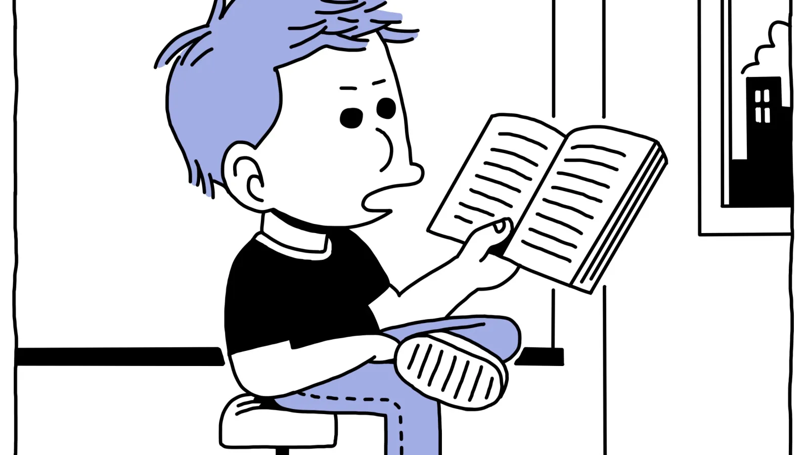 cartoon man reading a book with foot crossed over leg