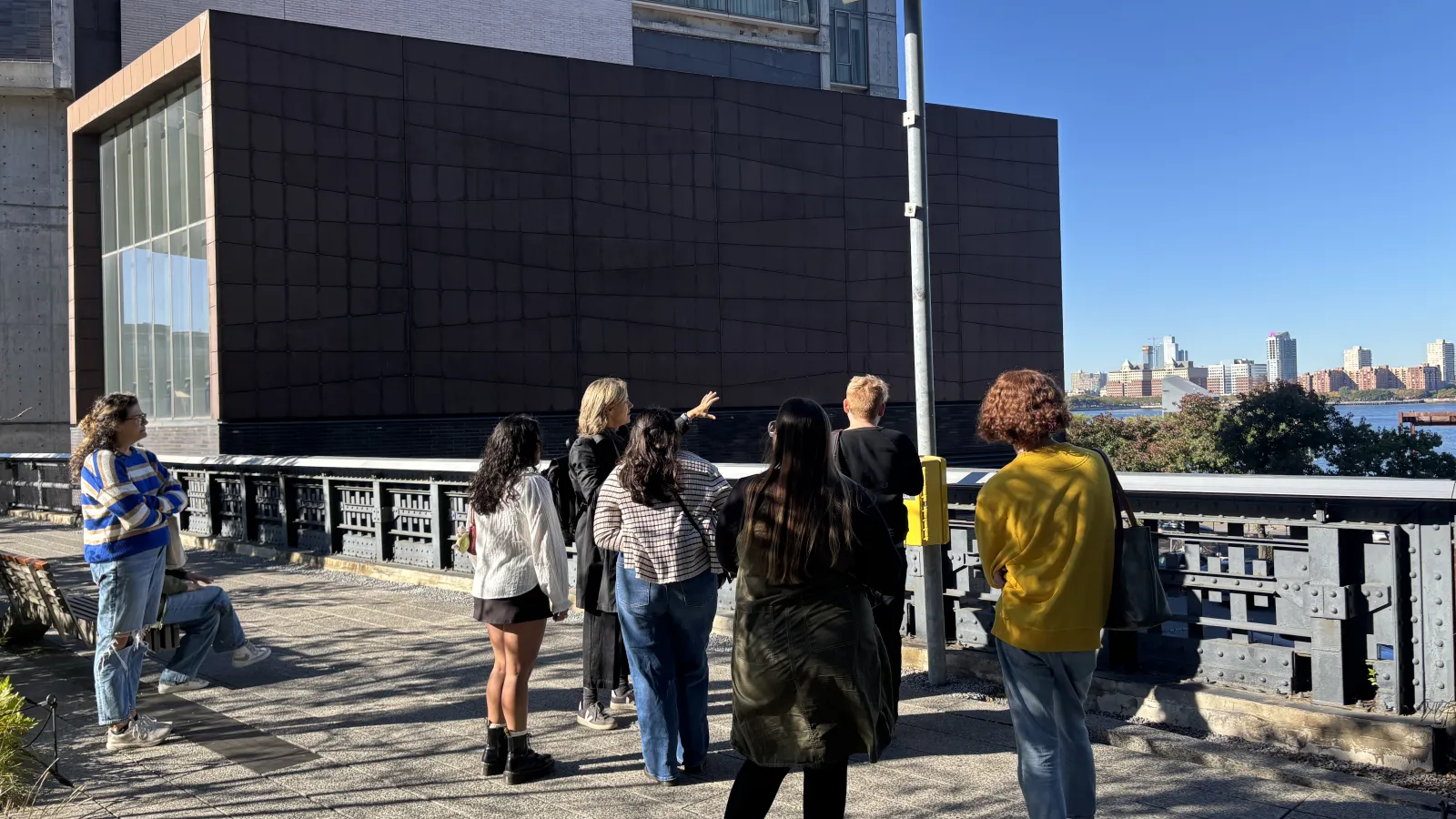 Dr. Jodie Paterson and students standing outside observing the New York City skyline