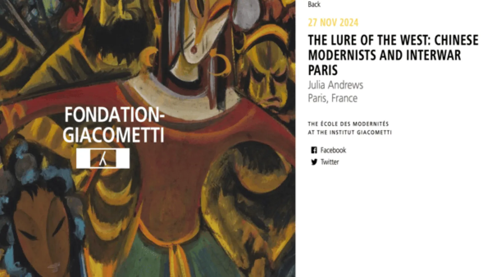 Lecture flyer depicting an abstract art work and event information 