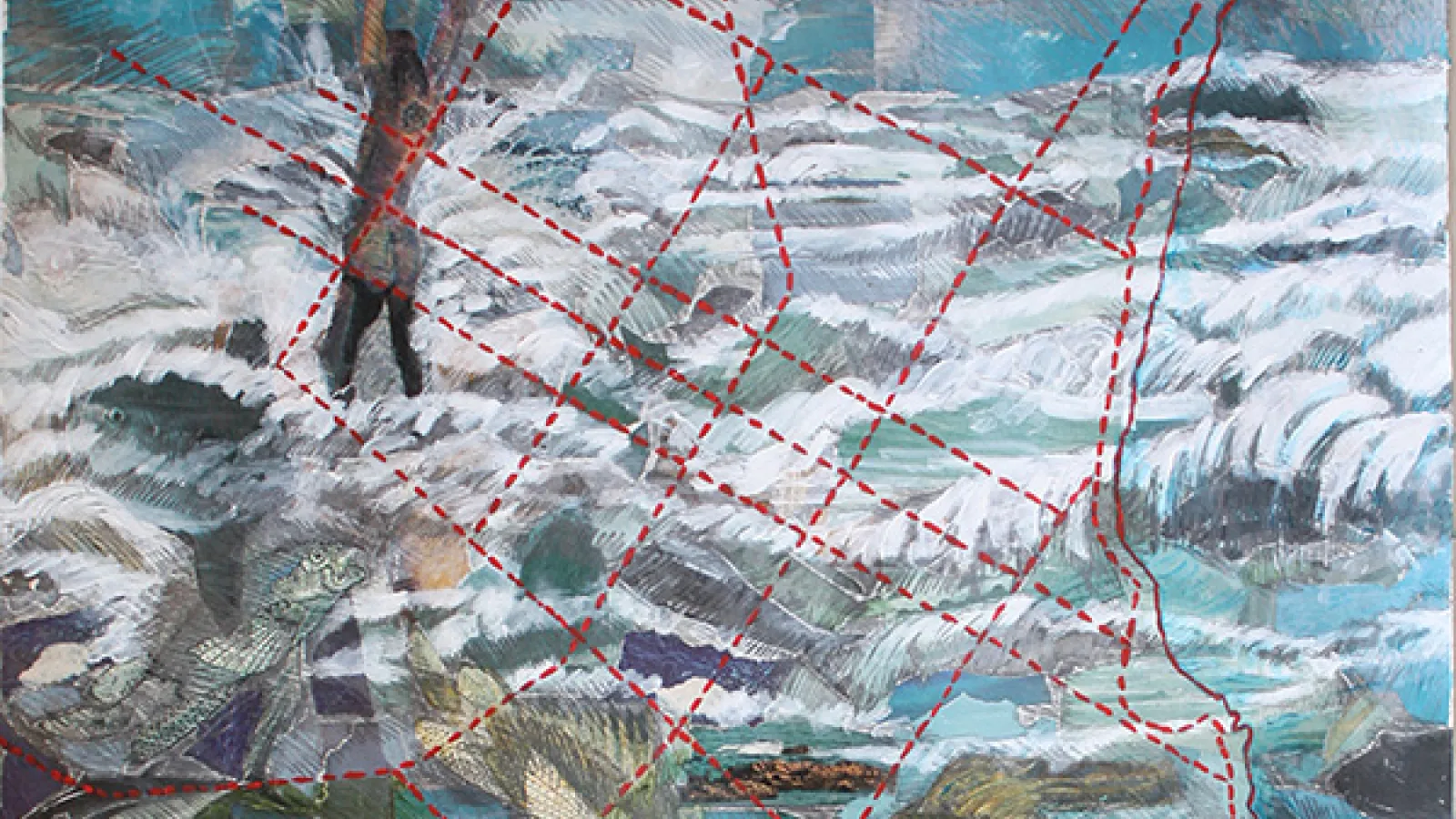 Detail of a mixed media artwork including an human figure, flora, and fauna overlaid with dashed red lines