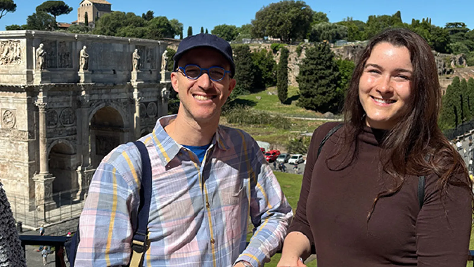 Professor Whittington and Emilela Thomas-Adams pose for a picture in front of the Arch of Constantine, Rome