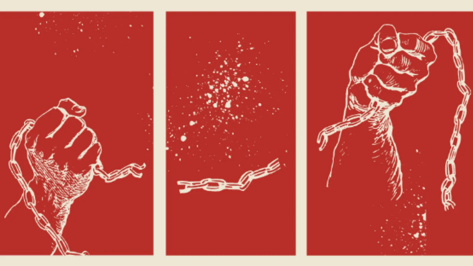 3 red boxes with hands breaking a chain