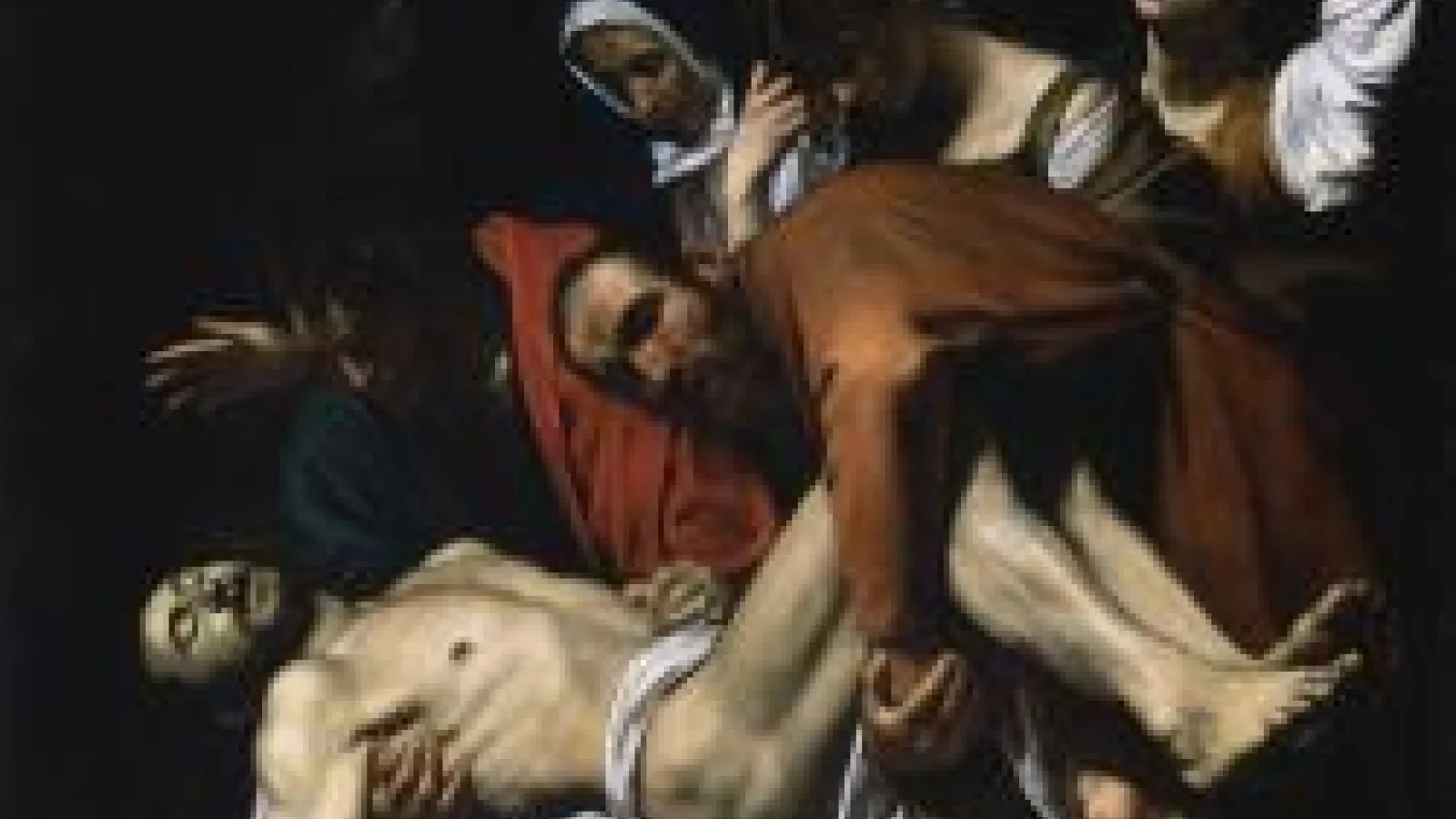 "The Entombment of Christ" painted by Caravaggio. A man is holding a deceased Jesus while a nun and two women pray and mourn behind him