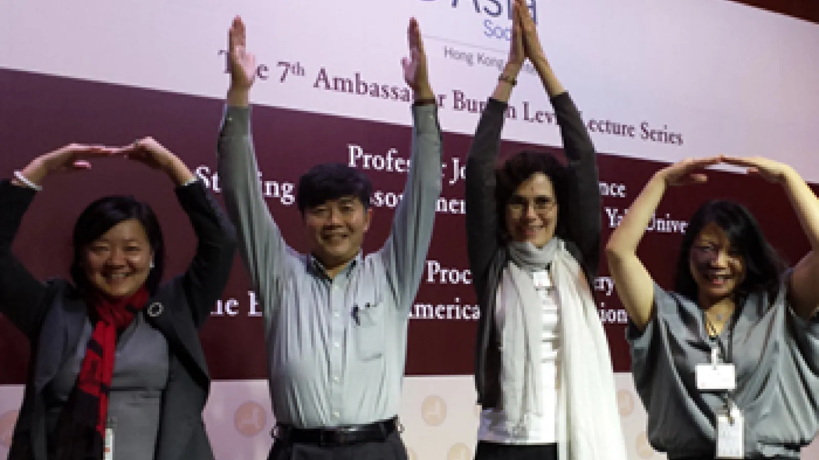 Julia Andrews, Professor Kuiyi Shen of UCSD, OSU Alum S. Alice Mong (left) and Cindy Cheng (right) doing the O H I O poses