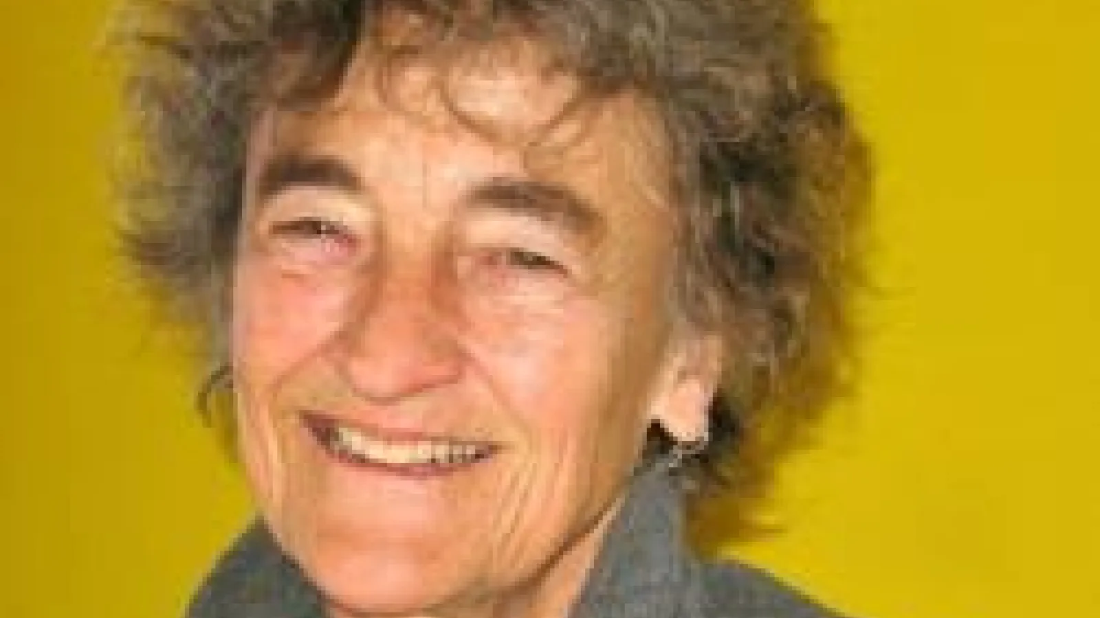 Lucy Lippard wearing a green sweater and grey vest in front of a yellow wall. 