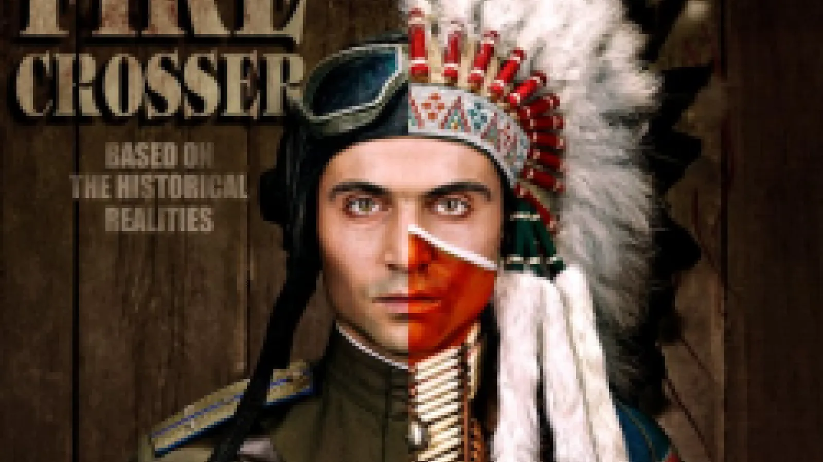 half the face of a solider and half the face of a native person with cultural clothes on