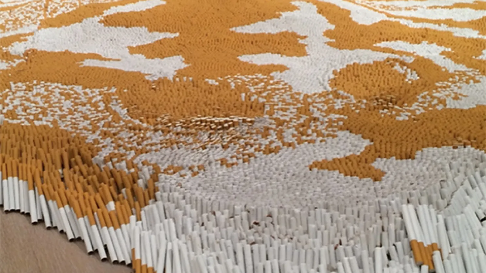 A sculpture by Xu Bing with thousands of cigarettes arranged on the floor to make a pattern