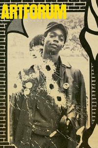 The cover of Artforum magazine with the publication's title in yellow text at the top and an image of a young Black man surrounded by graphics in the background