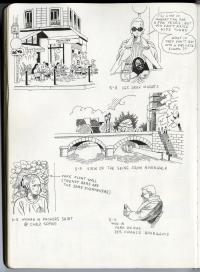 Comic drawing featuring buildings, people and text bubbles.