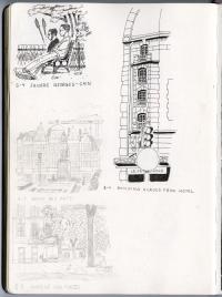 Comic drawing featuring two men sitting on a bench and various buildings. 