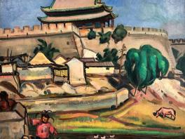 painting depicting a walled off building, bright green tree, cow, and person