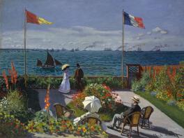 Monet painting - impressionist painting seen of boats in sea with two flags in view and a scene with people on a patio overlooking water