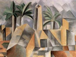 cubist painting of building and trees