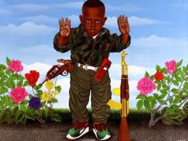 child with weapons holding up hands surrounded by flowers
