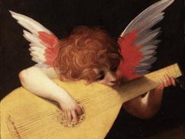 cherub playing stringed instrument and resting head on it