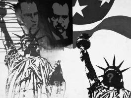 black and white silk screen artwork that depicts statue of liberty, US flag and Nixon's face