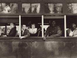 Robert Frank black and white photo of passengers on a trolley called the Americans