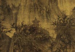 Detail of a Chinese hanging scroll with a temple in the mountains