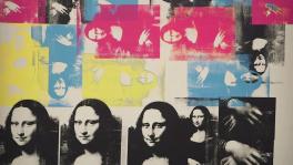 warhol mona lisa painting silk screen with red, yellow and blue