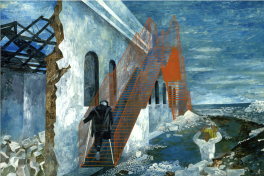 Blue setting with a man going up a red staircase