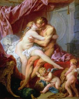 A painting of two nudes kissing