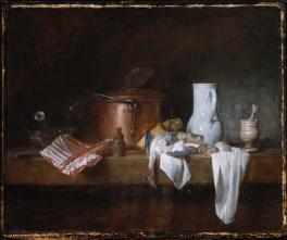 painting still life with white pitcher, copper pot other objects on a dark background