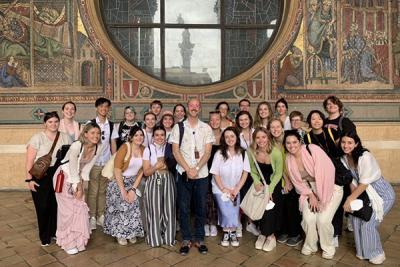Students in the study abroad course pose with Professor Karl Whittington in Rome, Italy