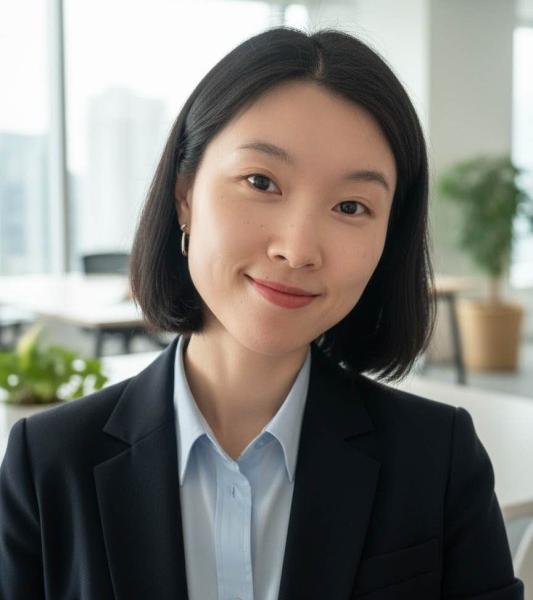 Woman in black blazer and blue shirt.