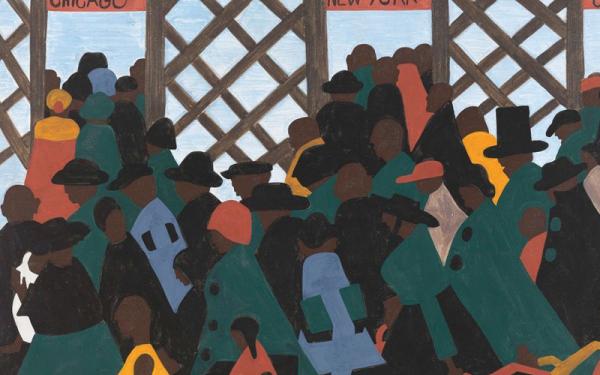 painting of figures entering new york or chicago bound trains