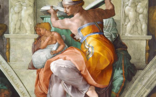 fresco of figure holding book
