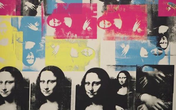 warhol mona lisa painting silk screen with red, yellow and blue
