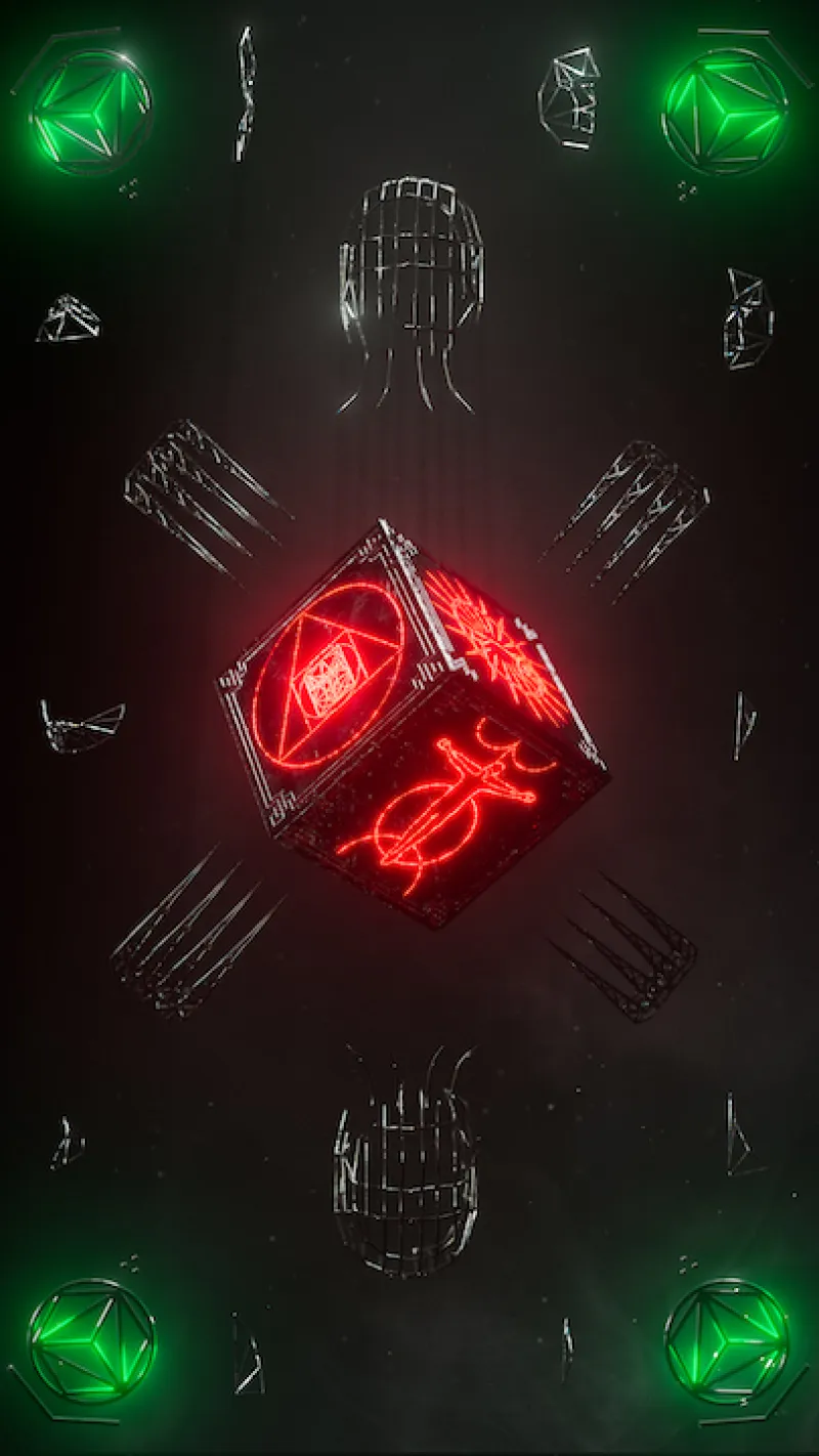Artwork by Zach Blas - overall dark image with glowing green and red three dimensional shapes