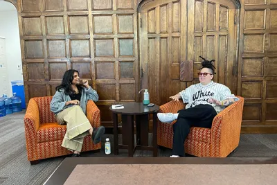 Professor Sam Aranke (left) with Meg Onli, one of the curators of the 2024 Whitney Biennial