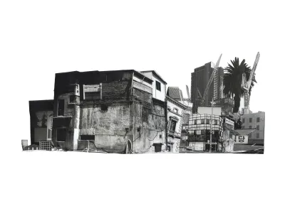 A black and white photo of a building with a palm tree.