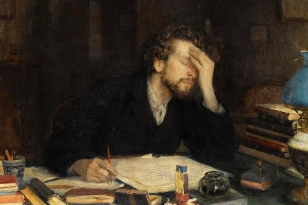 painting of man writing with hand to forehead as if struggling