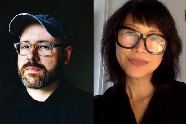 split image of two headshots. Headshot on left features figure with baseball hat, glasses and a beard. Headshot on the right features figure with long black hair and thick black glasses.
